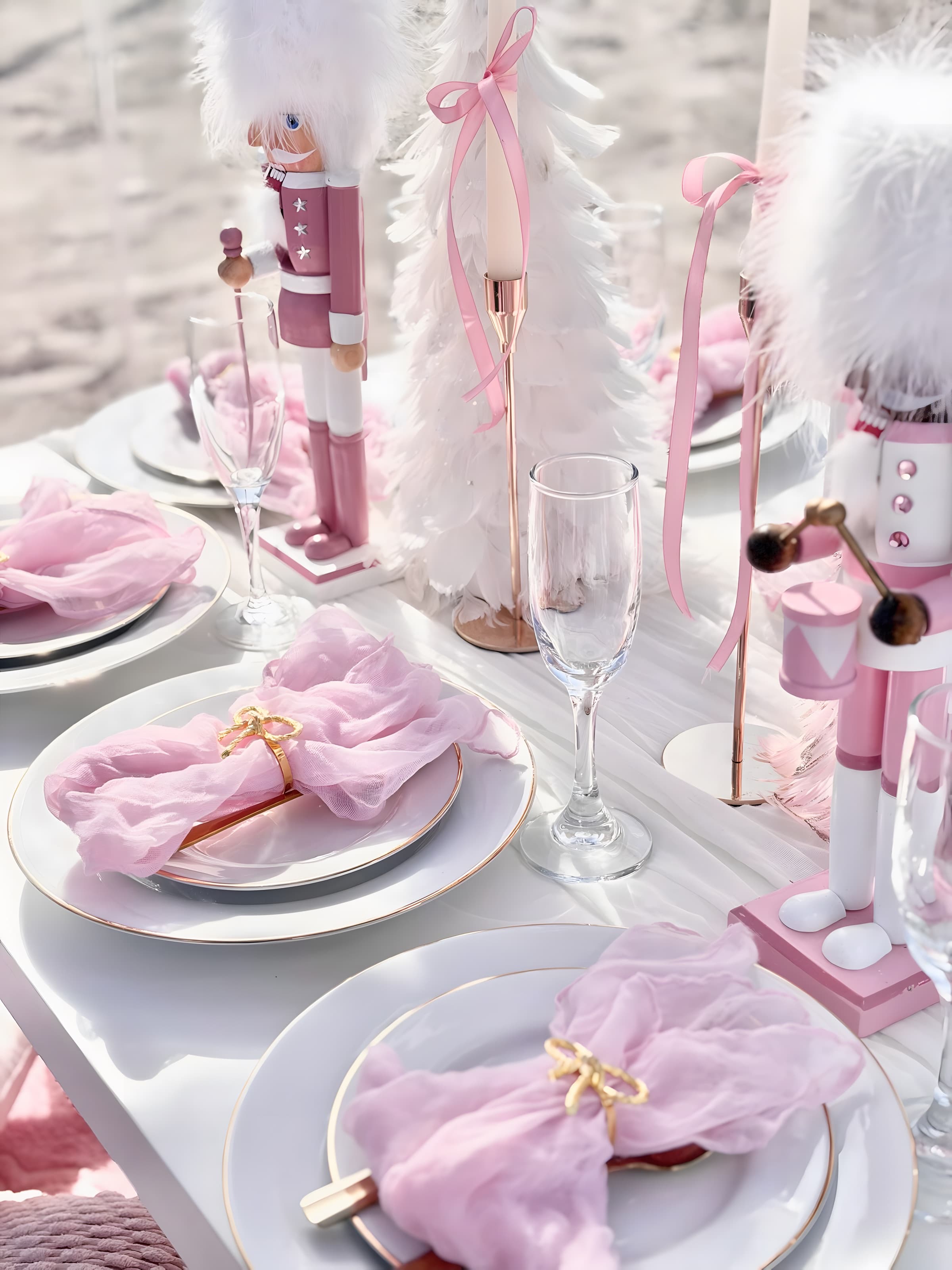 A close-up of blush place settings with pink gauze napkins in gold bow rings and rose-gold tapers