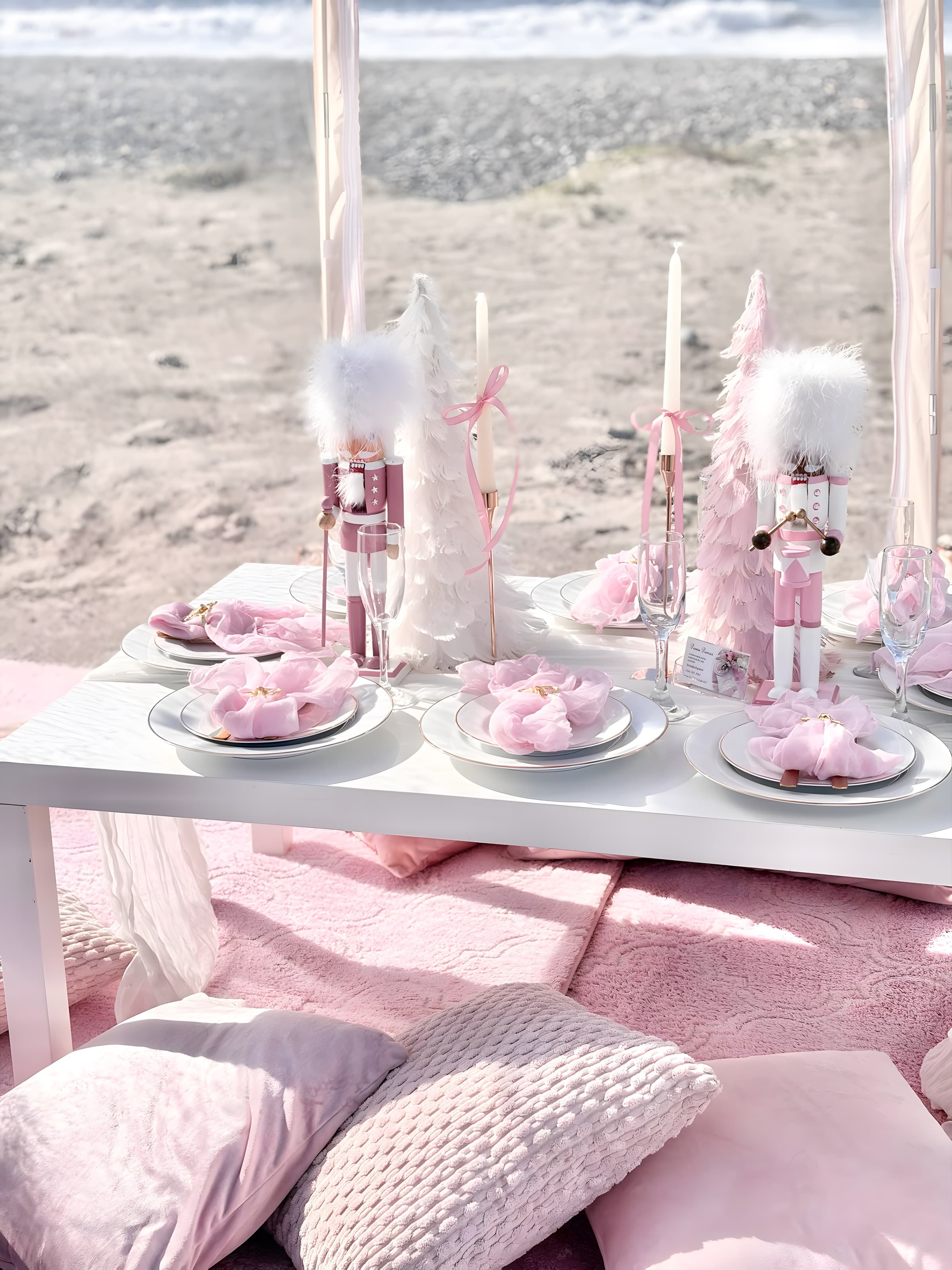 A blush winter beachfront table with pink nutcrackers, white feather trees and pink tapers, surf behind